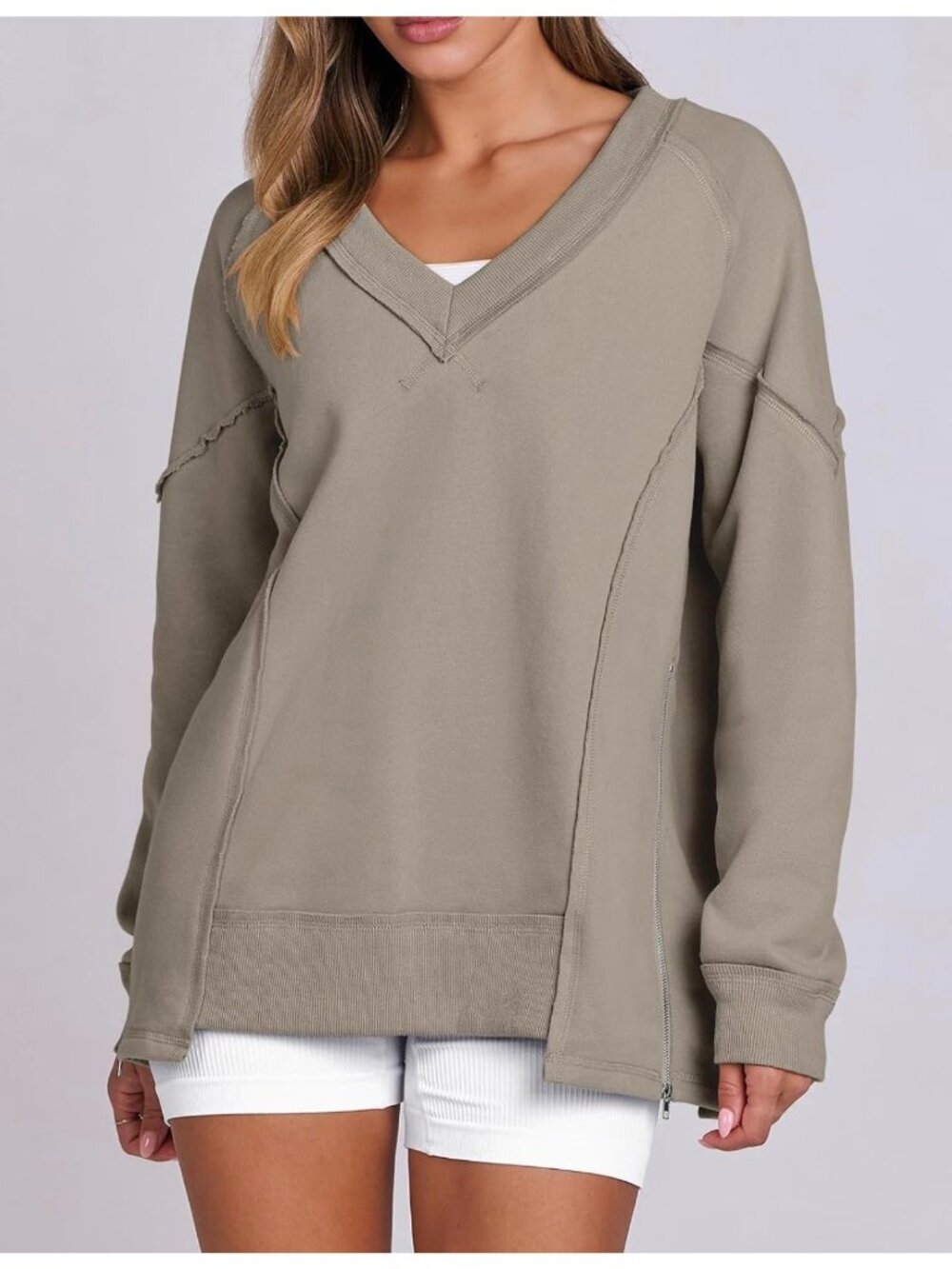 Oversized V-Neck Khaki Sweatshirt With Side Zipper Details & Reverse Seam Design